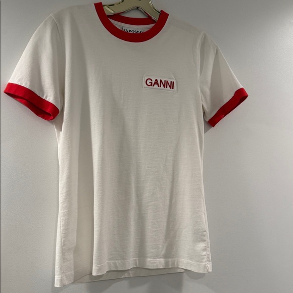 Ganni White Tee with Red Ringer Trim and Logo Ganni Patch, Sz Xsm - Picture 2 of 10